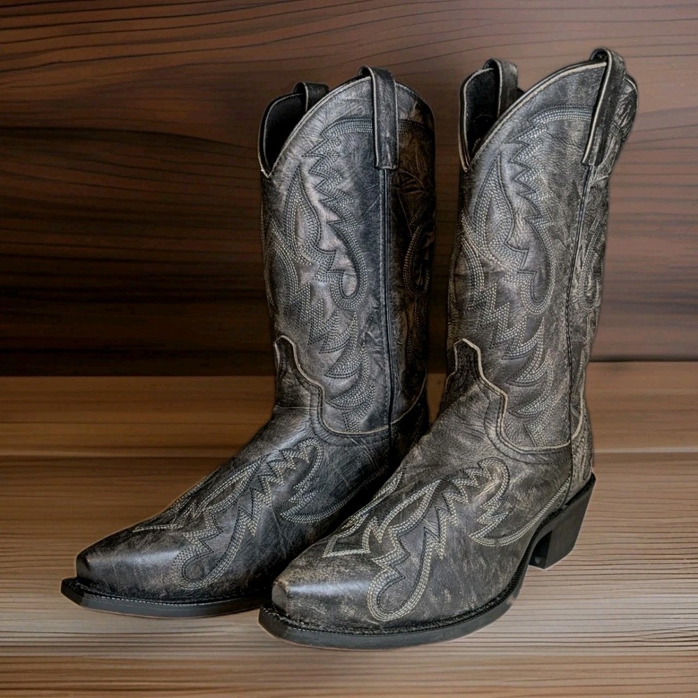 Laredo Men's Boots Garrett Distressed Black Leather Snip Toe Cowboy 9 EW